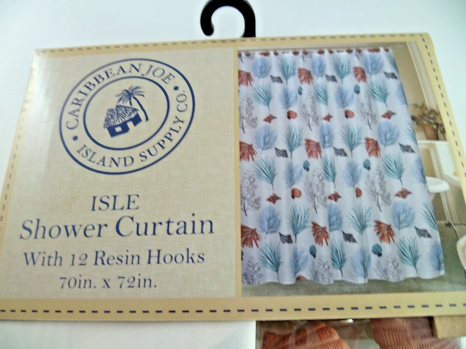 CARIBBEAN JOE ISLAND ISLE Seashell Ocean Polyester Shower Curtain 12 Resin Hooks - Image 2 of 4