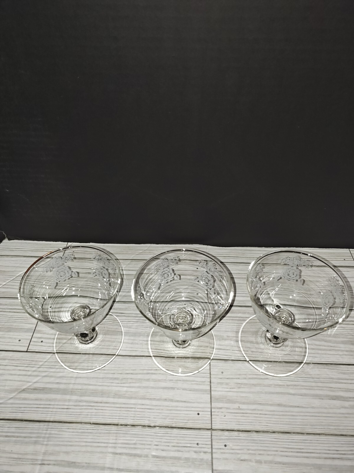 Art Nouveau Floral Design Glass Champagne Sherbet Coupe Goblets Set of 3