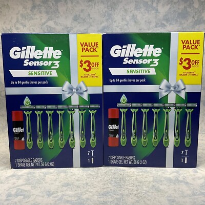 Gillette Sensor3 Sensitive Set 7 Disposable Razors & Shave Gel 2oz - Lot of 2