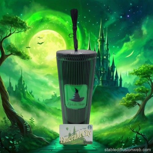 Starbucks Wicked Elphaba Thropp 24oz Tumbler Broom Topper $0 Emerald City Card