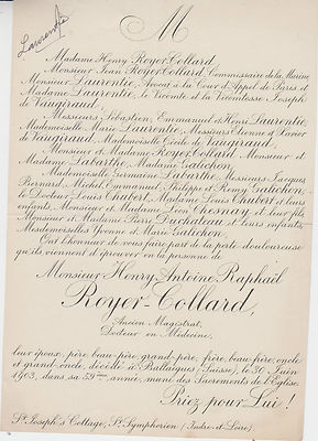 1903 Sterbeurkunde Henry ROYER-COLLARD - Saint-Symphorien (Indre-et-Loire).