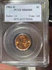 1961-D MEMORIAL CENT LINCLON PENNY PCGS MS65RD!