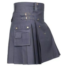 Men's Scottish Utility Kilt Grey Cotton Cargo Pockets Skirt Highland kilt