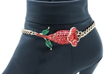 Jeweled Red Rose Flower Gold Metal Chain Boot Bracelet Shoe Charm