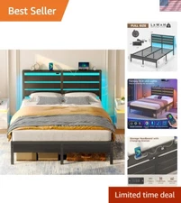 Contemporary Full Size Bed Frame with Storage Headboard & USB Charging Stations