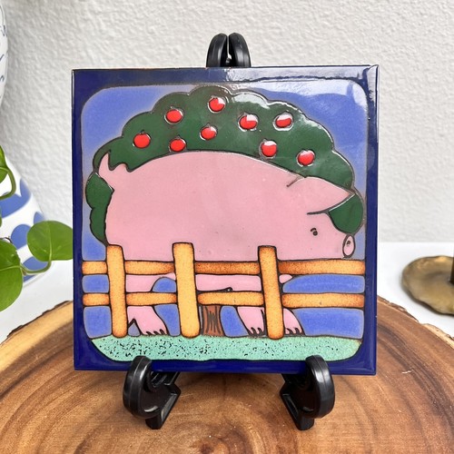 Tile Hand Painted Pig with Apple Tree Original Art Made In Italy - 第 1/9 張圖片