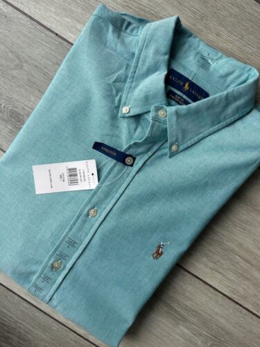 RALPH LAUREN STR CYAN STRETCH OXFORD SLIM FIT L/S SHIRT TOP - LARGE - NEW & TAGS - Picture 1 of 11