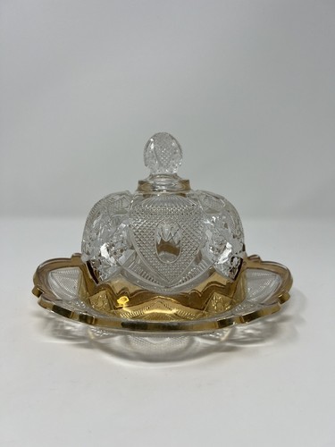 Antique EAPG New Hampshire Covered Butter Cheese Dish Clear & Gold Trim US Glass - Picture 3 of 21