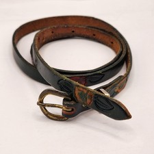 Western Cowgirl Belt Red Yellow Leaves Rose Tooled Leather Brass .5" Wide 25/32"