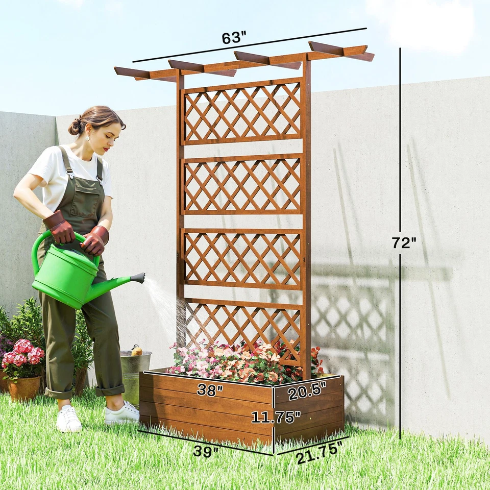 Cama de jardín elevada de madera Outsunny, maceta con enrejado para plantas trepadoras Foto 2 de 4