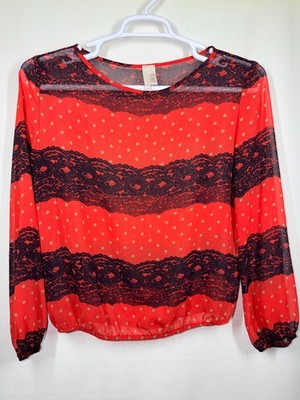 Mi Ami Francescas Bright Red Black Striped Womens Medium Blouse Sheer See Thru
