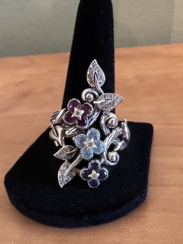 Barbara Bixby Sterling Silver 18K 12g Rhodolite Blue Topaz Flower Ring Size 10