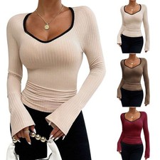 Womens Scoop Neck Ribbed Stretch Long Sleeve T-Shirt Plain Fitted Layering Tops