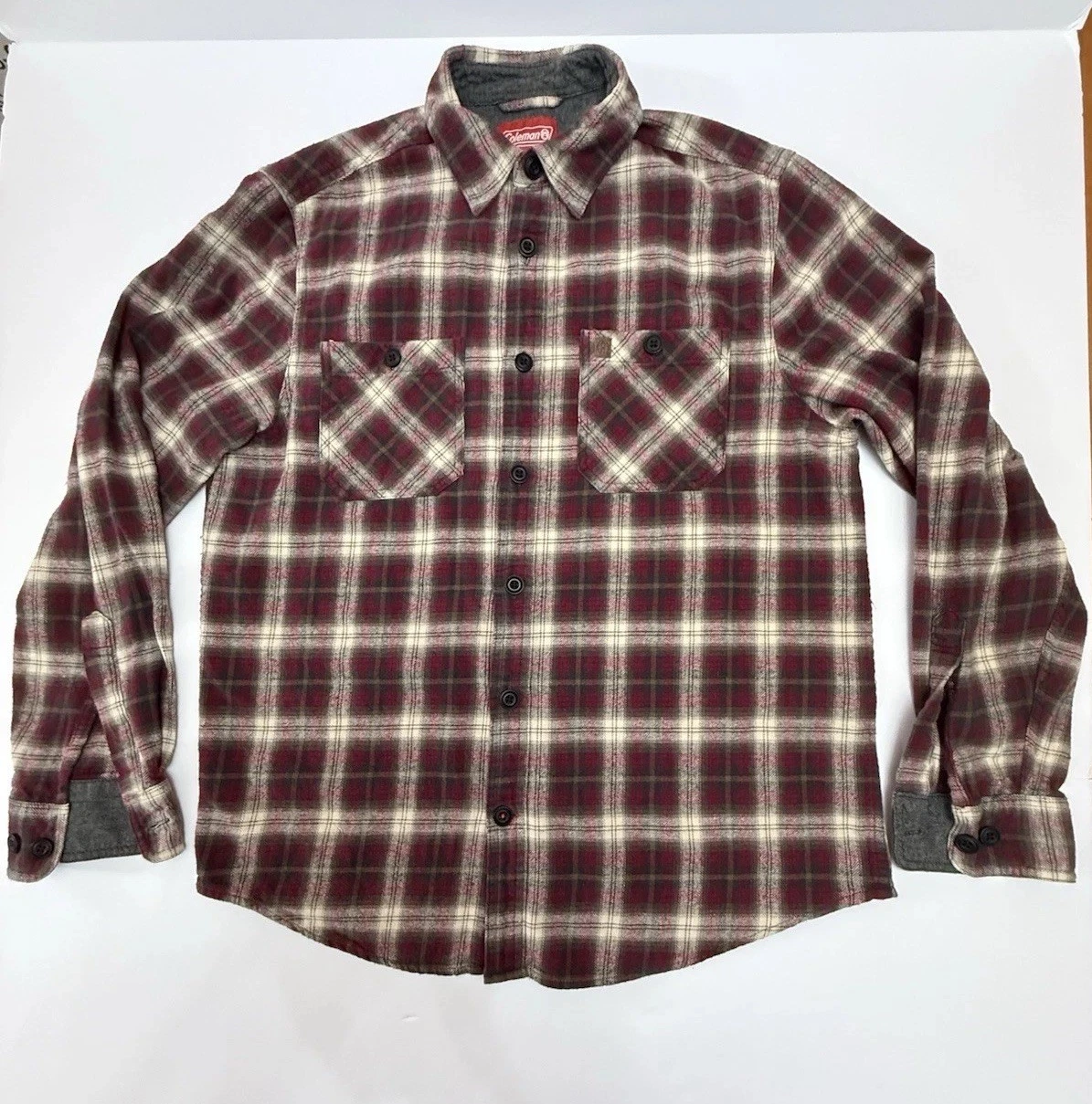 Coleman Plaid Flannel Shirt M Men’s Medium Red Gray Button Up Camping