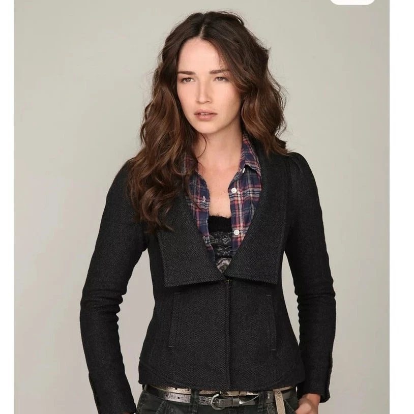 Chaqueta Blazer Free People Mezcla Lana Carbón Tweed Espiga Manga Abullonada Talla 6 Foto 2 de 4