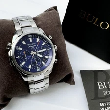 Bulova Marine Star Quartz Chronograph blue dial Tone Steel Men's Watch 96B256