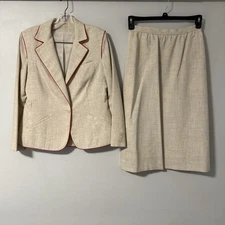 Devon Hall Blazer Skirt Suit Set Oatmeal/Beige Red Piping VTG 1970s IGLWU