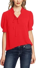 CeCe New Women's Red Short Puff Sleeve V-Neck Ruffled Top with Tie Size M Shirt