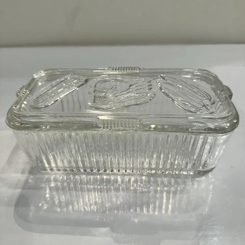 Federal Glass Clear Ribbed Rectangular Refrigerator Dish Box With LID Vintage