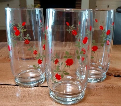 VTG Anchor Hocking Red Rose Vine Mid Century Set of 3 16oz Tumblers  6”