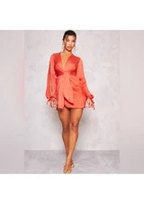 NWT Pretty Little Thing Rust Color Twist Satin Long Sleeve Shirt Dress Size 10