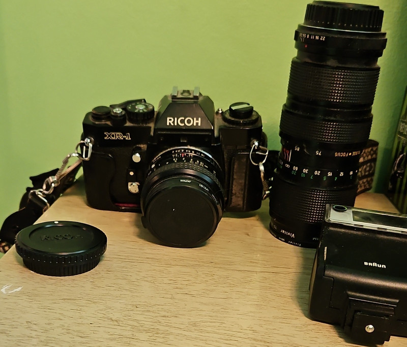 Ricoh XR-1 Black SLR Film Camera with Lenses, Strap, and Accessories