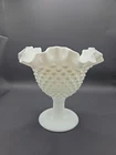 VTG Fenton White Milk Glass Hobnail Footed Compote Candy Dish Ruffled 6"