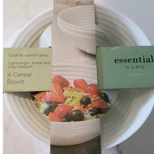 Essential Home Eaton 4 NEW Cereal Soup Bowls White Ribbed Opal Tempered Glass