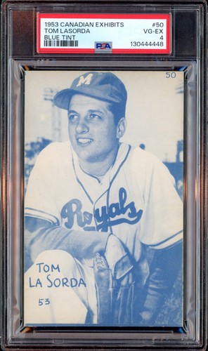 Tom Lasorda [Blue Tint] #50 1953 Canadian Exhibits card