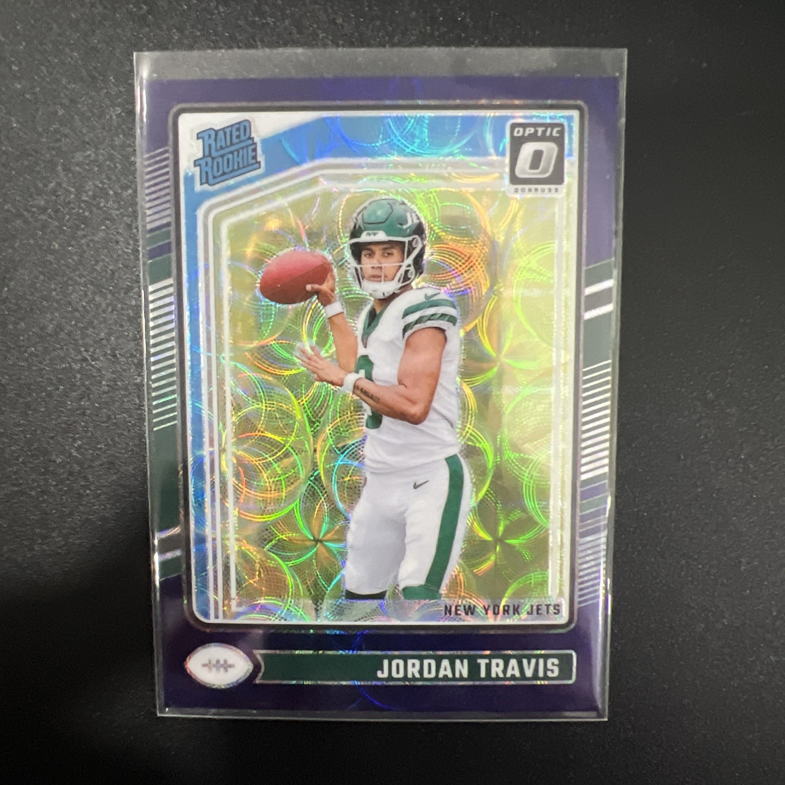 2024 Donruss Optic #260 Jordan Travis Rated Rookie Purple Scope RC New York Jets