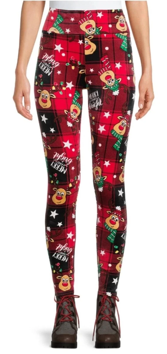 No Boundaries Junior's Rudolph Red Plaid Velour Christmas Leggings