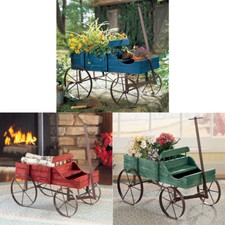 Amish Wagon Display Garden Statue Planter Decorative Rustic Green Red Blue Wood