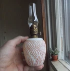 1890s MILKGLASS MINIATURE OIL LAMP EMB FLORAL DESIGNS ORIGINAL NUTMEG BURNER