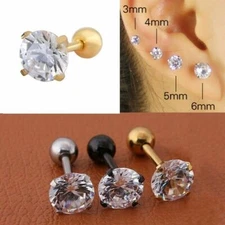 2Pcs Silver Gold Stainless Steel Round CZ Screw Back Stud Earrings for Women Men