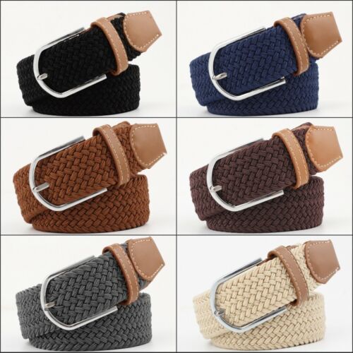 Men's Women's Leather Covered Buckle Woven Elastic Stretch Belt 1-1/4" Wide - Afbeelding 1 van 12