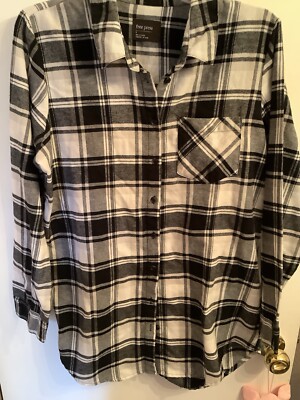 Free Press Flannel Shirt Womens Medium Black White Plaid Button Down