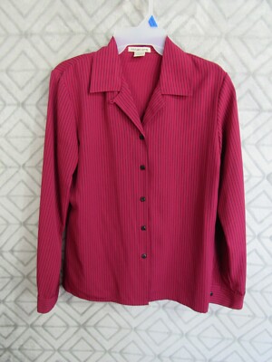 Notations Top Size S Red Striped Button  Front Collar Shoulder Pads Long Sleeve