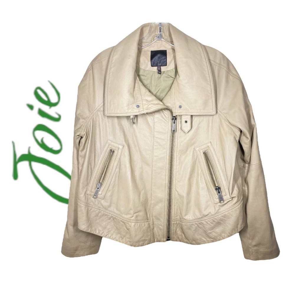 Jaqueta de Moto JOIE 100% Couro de Cordeiro Gola Alta com Zíper Bege Claro, Média - Imagem 2 de 4