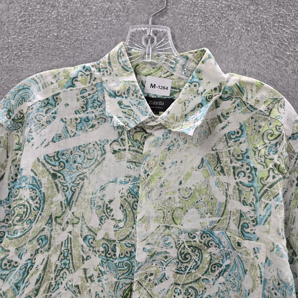 Zanella Men Button Up Shirt L Green Paisley 100% Linen Made in Italy Collar - Image 3 of 4