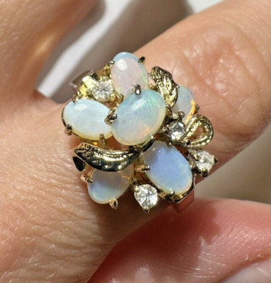 Vintage Exquisite Weißer Opal Strass Klunker Größe 9.5 Goldfarben Ring DA1