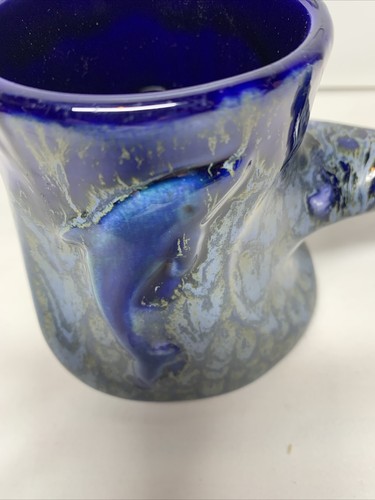 Vintage Art Pottery Doug Wylie Blue Embossed Dolphin Whale Tail Mug - Picture 5 of 11