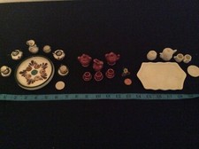 3 Miniature Tea Sets - 30 total Pieces - Flowered, Mauve  White Dollhouse Sets