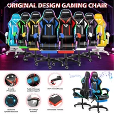 RGB LED Light Gaming Chair Recliner High Back Speakers Massage with Footrest Pad