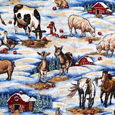 Cotton Fabric Quilting Winter Farm Animals Snow Apples Horses Pig BTHY Half Yard
