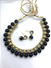 Indian Pakistani Fashion Bollywood Gold Plated Black Color Beads Necklace Set
