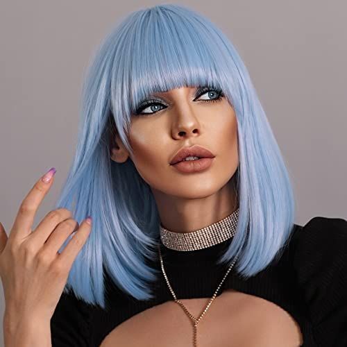 Blue straight Wig with bangs Amazon.com : WERD Short Blue Bob Wig with Bangs,Straight Bob  main image 4