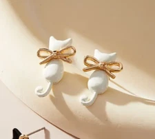 White cat earrings bow fashion jewelry NEW Free Shipping