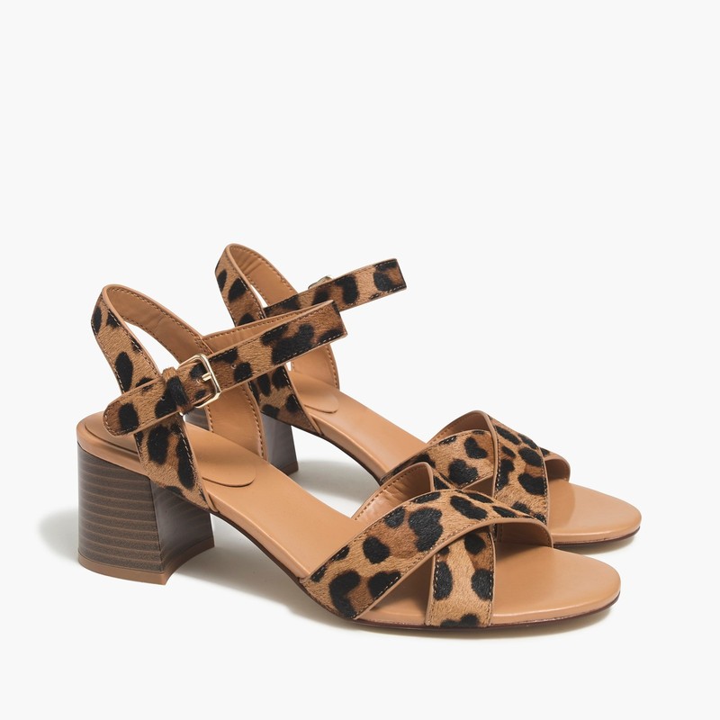J.Crew New Leopard Calf Hair Print Low Block Heel Women Strappy  Sandals Size 9