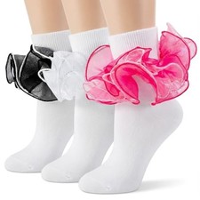 Girls Ruffle Socks Toddler,4-Layer Big 6-8 Years White  Rose Red  Black