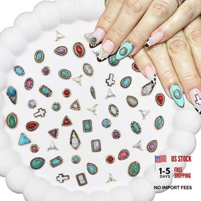 60pcs Nail Charms Cowboy Nail Art Charms and Gems, 3D Vintage Turquoise Western